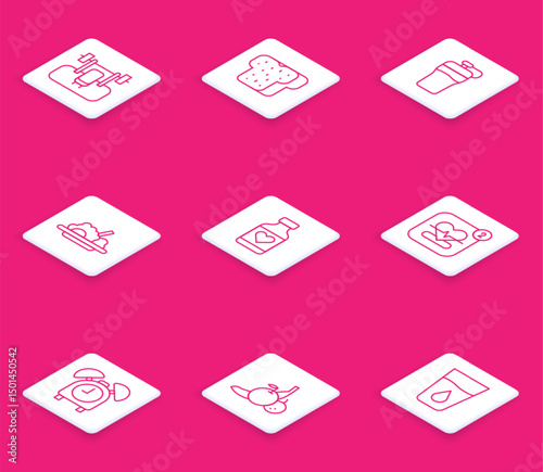 Set line Bench with barbel, Bread toast, Fitness shaker, Healthy food, Vitamin pill, Mobile heart rate, Alarm clock and Fruit icon. Vector