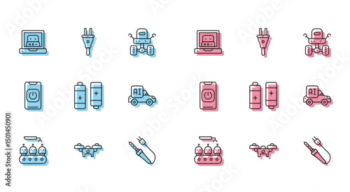 Set line Industrial production of robots, Drone, Creating, Soldering iron, Battery, Autonomous smart car, Turn off from phone and Electric plug icon. Vector