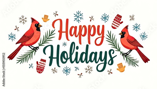 Happy Holidays Banner with Cardinals, Mittens, Pine Branches, and Snowflakes