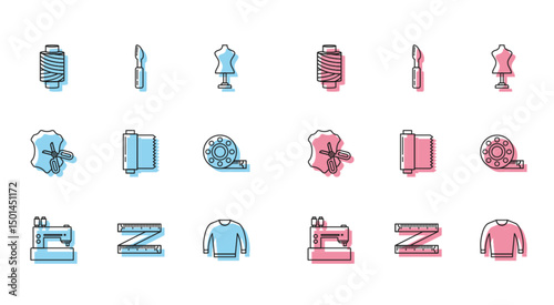 Set line Sewing machine, Tape measure, thread on spool, Sweater, Textile fabric roll, Scissors and leather and Cutter tool icon. Vector