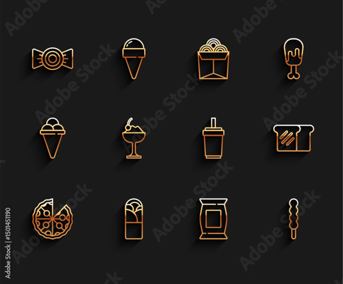 Set line Pizza, Doner kebab, Candy, Bag or packet potato chips, Lollipop, Ice cream in bowl, Bread toast and Paper glass with straw icon. Vector