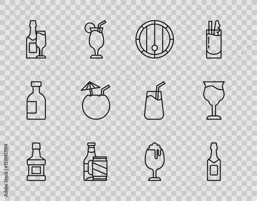 Set line Whiskey bottle, Champagne, Wooden barrel, Beer and beer can, glass, Coconut cocktail, Glass of and Wine icon. Vector