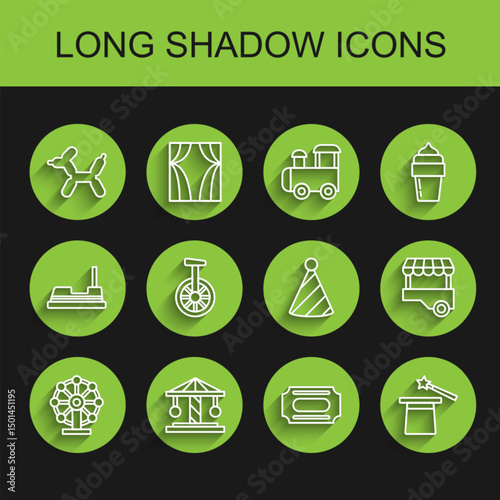Set line Ferris wheel, Attraction carousel, Balloon dog, Circus ticket, Magic hat and wand, Unicycle or one bicycle, Fast street food cart and Party icon. Vector
