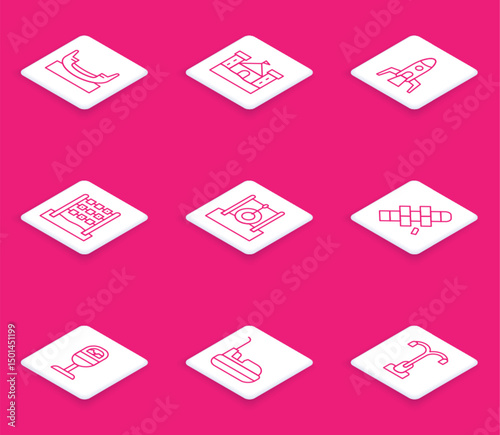 Set line Boat swing, Sand castle, Rocket ship, Tic tac toe game, Car tire hanging on rope, Hopscotch, Trash can and Bumper car icon. Vector