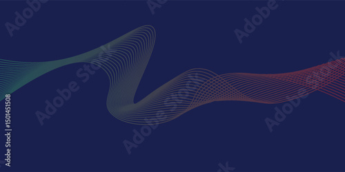 Dark blue abstract background, vector waves of flowing particles, curved lines of moving dots, technology and science theme, airy and easy futuristic.