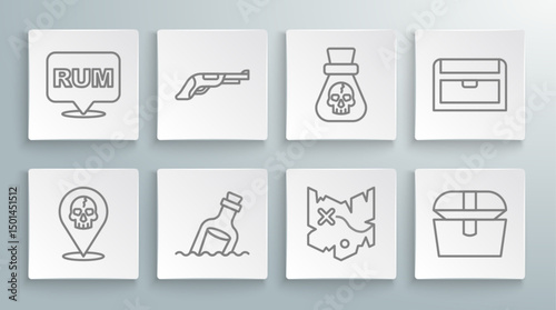 Set line Location pirate, Vintage pistol, Bottle with message water, Pirate treasure map, Antique chest, coin, and Alcohol drink Rum icon. Vector