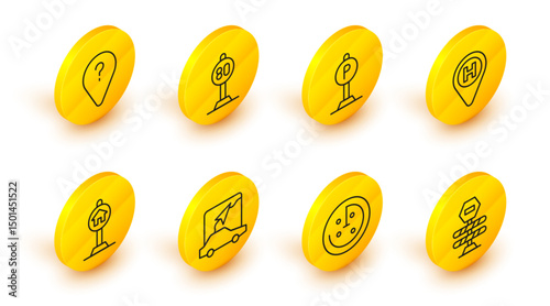 Set line Road barrier, Radar with targets on monitor, City map navigation, Hotel sign for traffic, Helicopter landing pad, Parking, Speed limit and Unknown route point icon. Vector