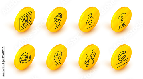 Set line Gem stone, Earrings, Jewelry store, Price tag with dollar, Bag gems, and online shopping icon. Vector