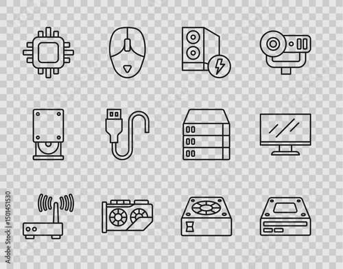 Set line Router and wi-fi signal, Optical disc drive, Case of computer, Video graphic card, Processor with CPU, USB cable cord, Computer cooler and monitor screen icon. Vector