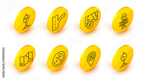 Set line Traffic sign turn left, Helicopter landing pad, Radar with targets on monitor, Folded map, Road barrier, City navigation, traffic and Fork the road icon. Vector
