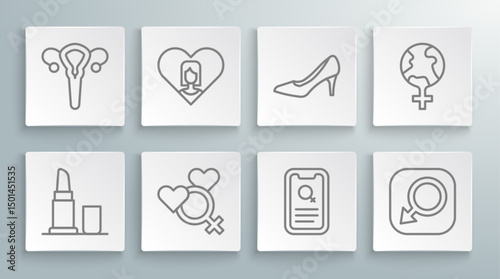 Set line Lipstick, Heart with female, Female gender, Dating app, Male, Woman shoe, Feminism the world and reproductive system icon. Vector