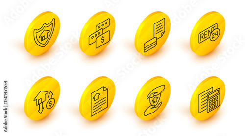 Set line Calculator, House with shield, contract, dollar, Rent, Credit card, Price negotiation and icon. Vector
