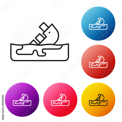 Black line Wrecked oil tanker ship icon isolated on white background. Oil spill accident. Crash tanker. Pollution Environment concept. Set icons colorful circle buttons. Vector