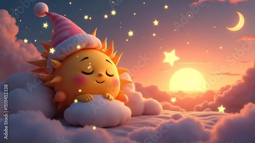 Wallpaper Mural Cartoon Sun Character Sleeping in Clouds at Night Torontodigital.ca