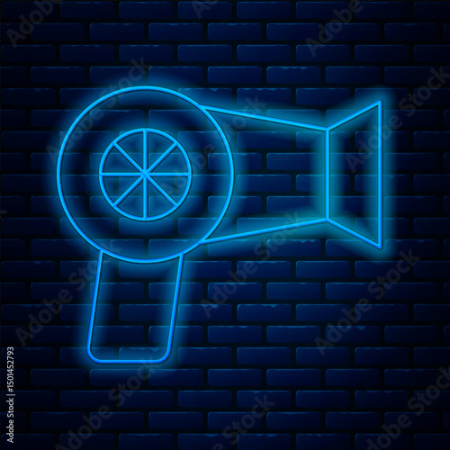 Glowing neon line Hair dryer icon isolated on brick wall background. Hairdryer sign. Hair drying symbol. Blowing hot air. Vector