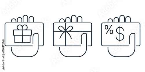  Gift card  set.  Present or promotional offer. Shopping giftcard,voucher,surprise , discount. Vector linear icon illustration on white background.