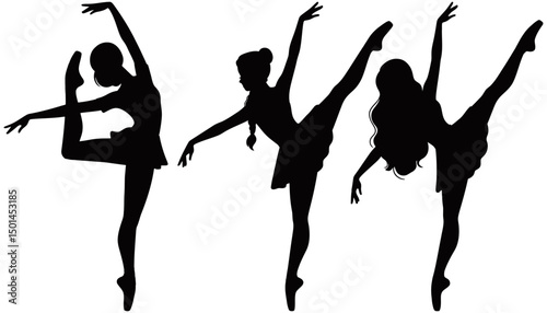 Silhouette vector illustration of three ballerinas in graceful dance poses, each extending one leg high while balancing en pointe, symbolizing elegance, discipline, and fluid motion.