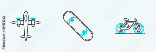 Set line Bicycle, Old retro vintage plane and Skateboard icon. Vector