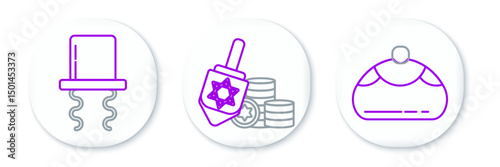 Set line Jewish sweet bakery, Orthodox jewish hat with sidelocks and Hanukkah dreidel and coin icon. Vector