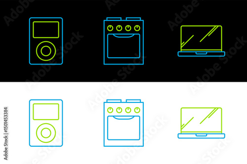 Set line Laptop, Music player and Oven icon. Vector