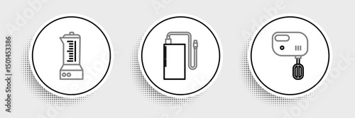 Set line Electric mixer, Blender and Power bank with different charge cable icon. Vector