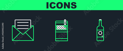 Set line Beer bottle, Envelope with invitation card and Open cigarettes pack box icon. Vector