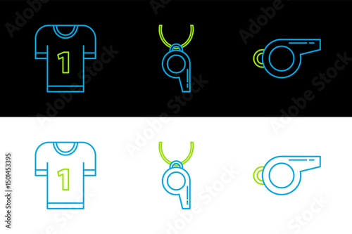 Set line Whistle, American football jersey and icon. Vector