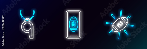 Set line American Football ball, Whistle and Smartphone with american football on the screen icon. Glowing neon. Vector