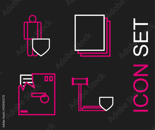 Set line Judge gavel with shield, Ordered envelope, Clean paper and Life insurance icon. Vector