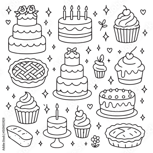 Set of hand drawn wedding and birthday cakes, cupcakes and pies. Whimsical doodle desserts illustrations. 
Coquette bakery items. Line art sweet pastry food.
