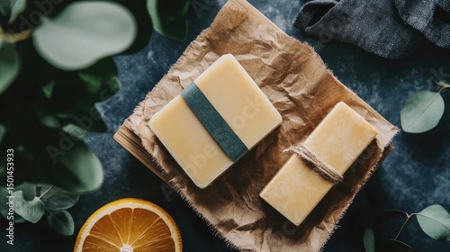 Two handmade soap bars, pale yellow, wrapped simply, rest on kraft paper with eucalyptus and citrus