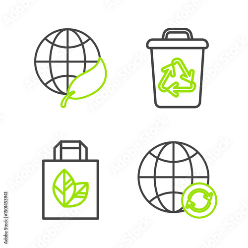 Set line Planet earth and a recycling, Paper shopping bag with recycle, Recycle bin symbol and Earth globe leaf icon. Vector