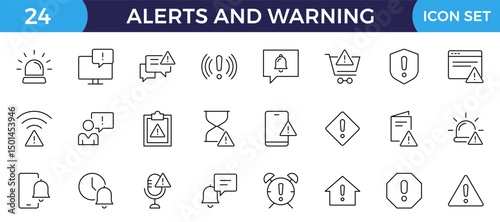 Warning and risk. Set of line icons in linear style. Warning exclamation mark, attention, danger, notice, stop. Alerts and Warning editable stroke outline icon.