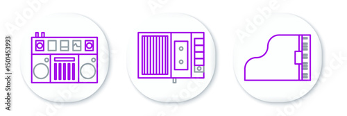 Set line Grand piano, DJ remote for playing mixing music and Music tape player icon. Vector