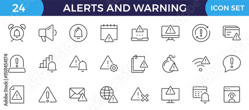 Warning and risk. Set of line icons in linear style. Warning exclamation mark, attention, danger, notice, stop. Alerts and Warning editable stroke outline icon.