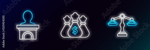 Set line Scales of justice, Stage stand or debate podium rostrum and Money bag icon. Glowing neon. Vector