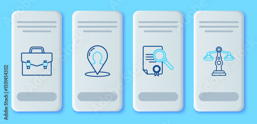 Set line Map marker with a silhouette of a person, Document search, Briefcase and Scales justice icon. Vector