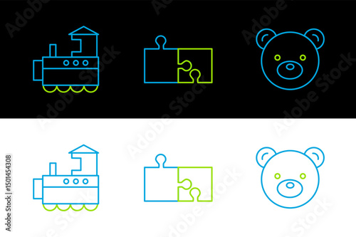 Set line Teddy bear plush toy, Toy train and Piece of puzzle icon. Vector