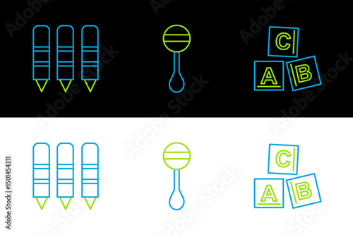Set line ABC blocks, Wax crayons for drawing and Rattle baby toy icon. Vector