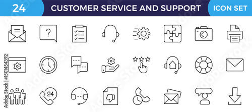 Customer Service and Support - Outline Icon Collection.Thin-line modern style of customer service icons: feedback, technical support, assistance, information, and more. Editable stroke outline icon.