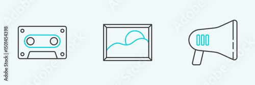 Set line Megaphone, Retro audio cassette tape and Picture landscape icon. Vector