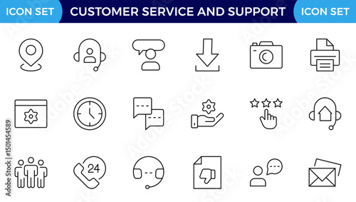 Customer Service and Support - Outline Icon Collection.Thin-line modern style of customer service icons: feedback, technical support, assistance, information, and more. Editable stroke outline icon.