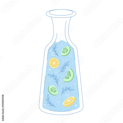 Glass water carafe with orange and cucumber in a flat outline style with texture.