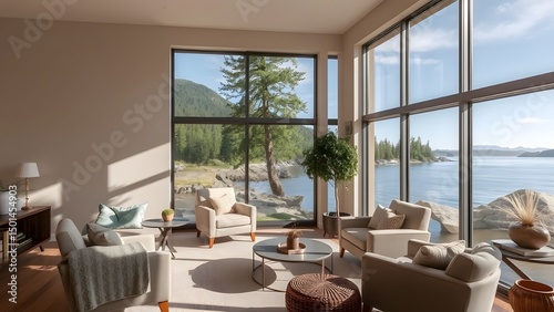 Luxurious Modern indoor apartment dining room with wooden table and chairs offering sea view from a large glass window
