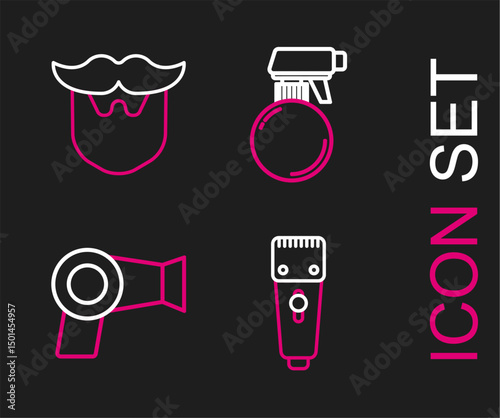 Set line Electrical hair clipper or shaver, Hair dryer, Hairdresser pistol spray bottle and Mustache and beard icon. Vector