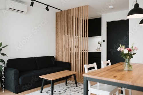 Modern Living Room with Black Sofa and Wooden Partition