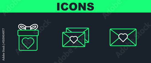Set line Envelope with Valentine heart, Gift box and icon. Vector