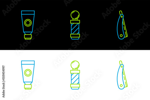 Set line Straight razor, Cream lotion cosmetic tube and Classic Barber shop pole icon. Vector