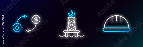 Set line Worker safety helmet, Oil exchange and rig with fire icon. Glowing neon. Vector