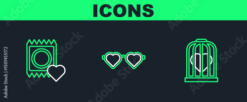 Set line Heart in the bird cage, Condom package and shaped love glasses icon. Vector